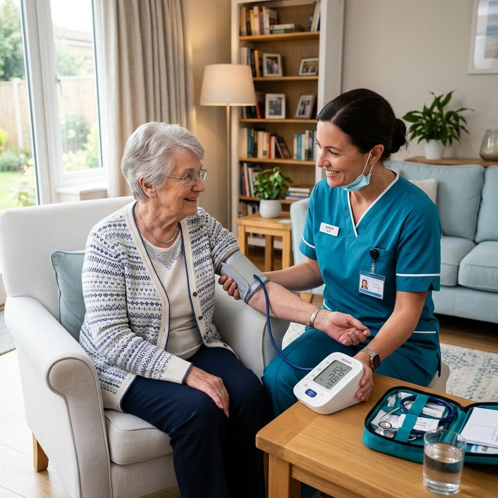 Nurse checking patient's blood pressure at home