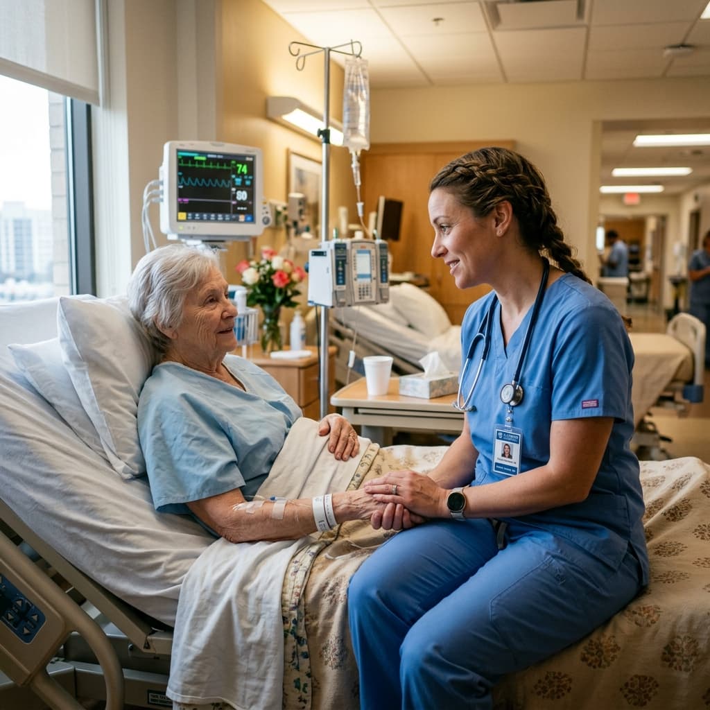Compassionate nurse sitting by a patient's side