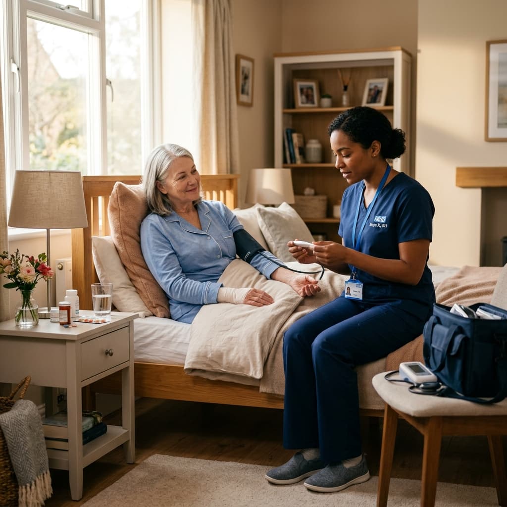 Nurse checking on recovering patient at home