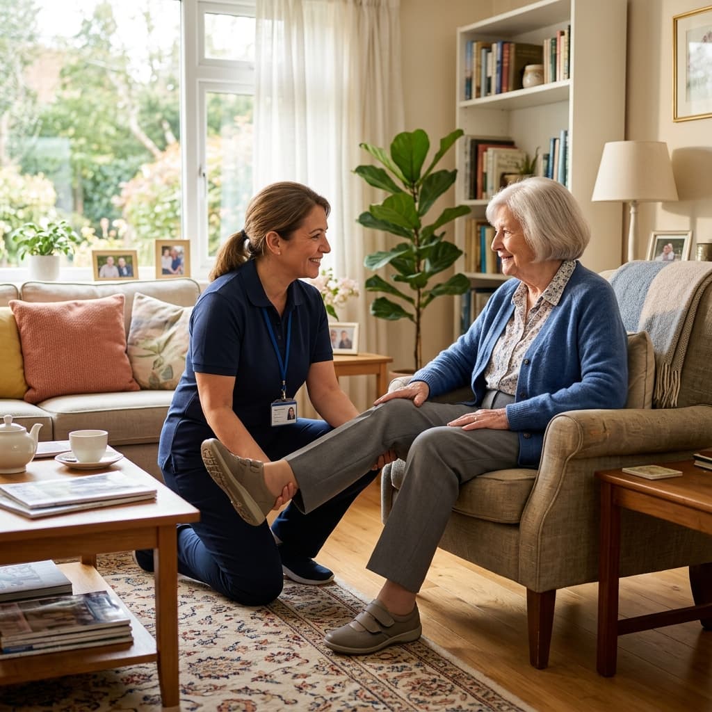 Caregiver assisting patient with home therapy
